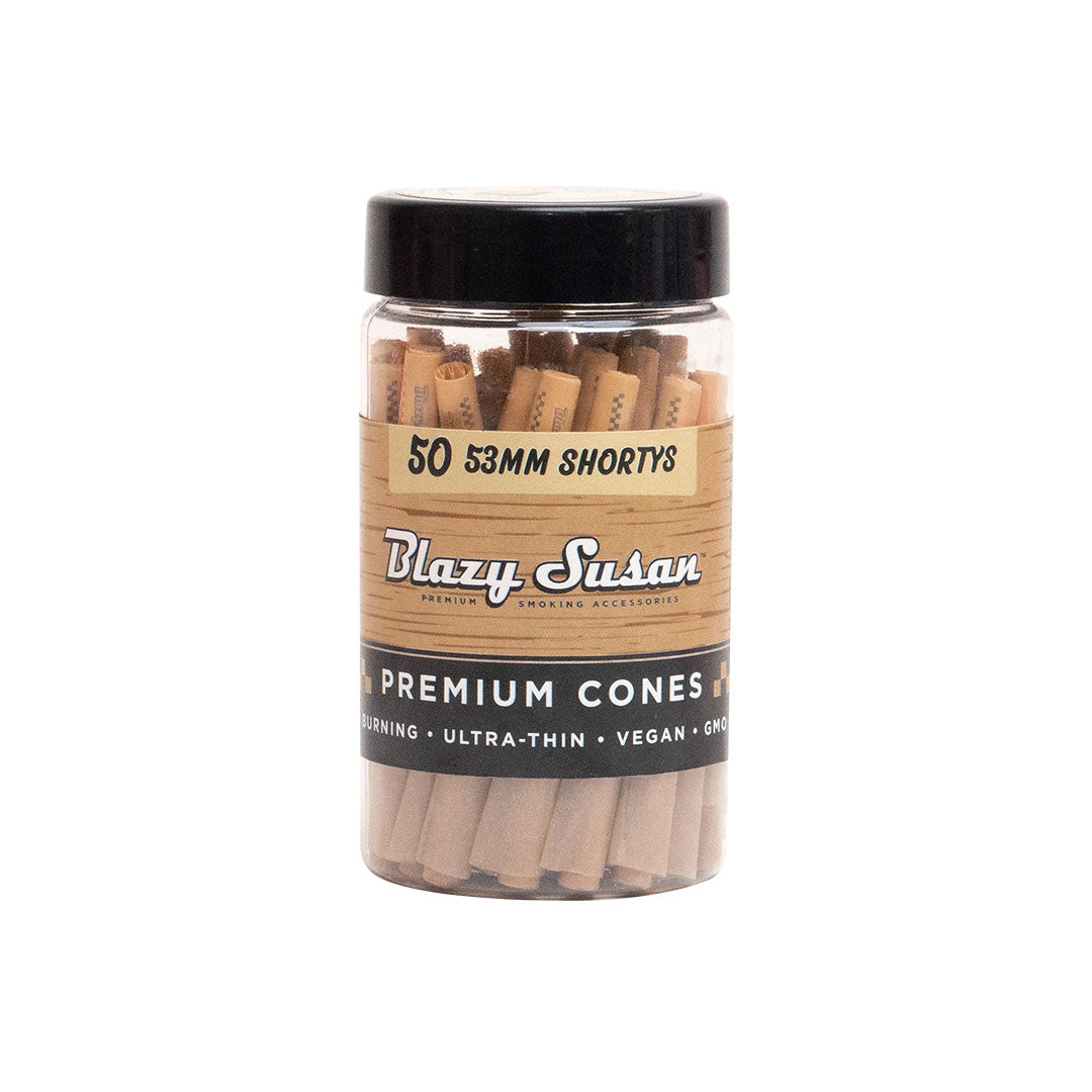 Blazy Susan Pre Rolled Cones 53mm Shortys - Unbleached (Jar of 50) - MK Distro