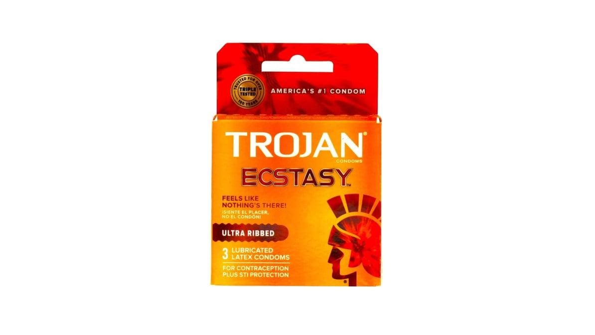 Trojan - Ecstasy Ultra Ribbed Lubricated Latex Condoms - Box of 3