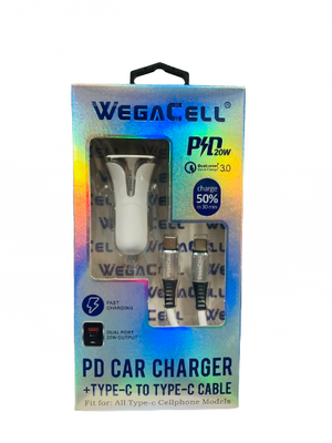 WegaCell - Dual Port Fast Charging (PD Car Charger + Type-C to Type-C Cable) - Electronics (20W Output) - MK Distro