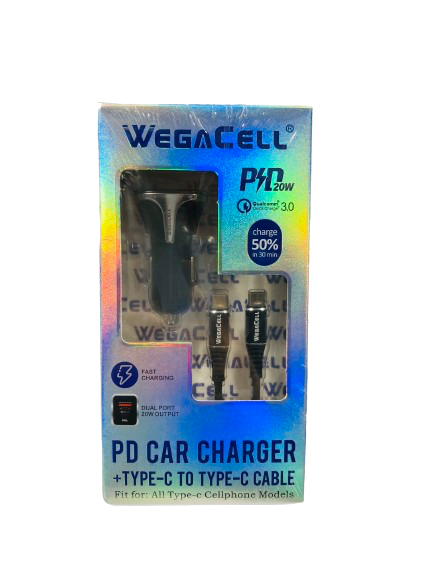 WegaCell - Dual Port Fast Charging (PD Car Charger + Type-C to Type-C Cable) - Electronics (20W Output) - MK Distro
