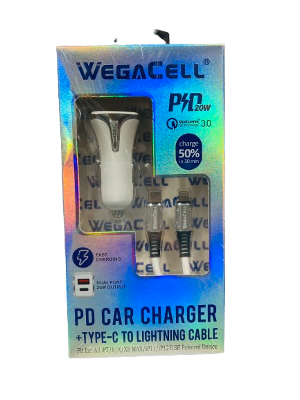 WegaCell - Dual Port Fast Charge (PD Car Charger + Type-C to Lightning Cable) - Electronics (20W Output) - MK Distro