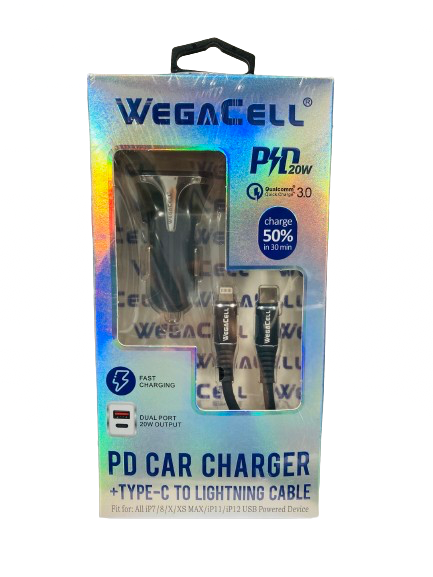 WegaCell - Dual Port Fast Charge (PD Car Charger + Type-C to Lightning Cable) - Electronics (20W Output) - MK Distro