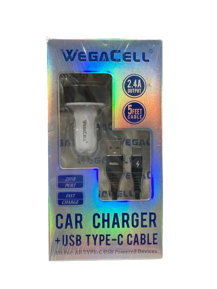 WegaCell - 2USB Port Fast Charge (Car Charger + USB Type-C 5ft Cable) - Electronics (2.4A Output) - MK Distro