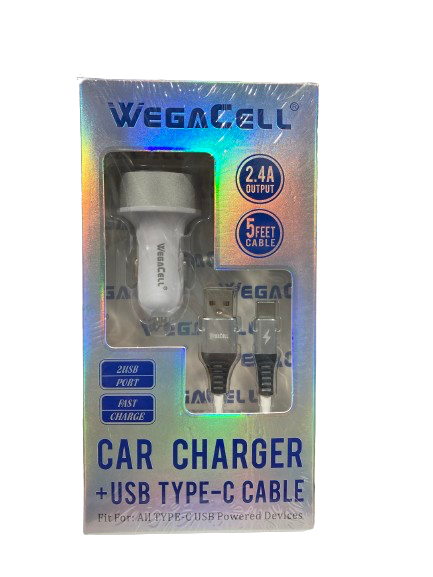 WegaCell - 2USB Port Fast Charge (Car Charger + USB Type-C 5ft Cable) - Electronics (2.4A Output) - MK Distro