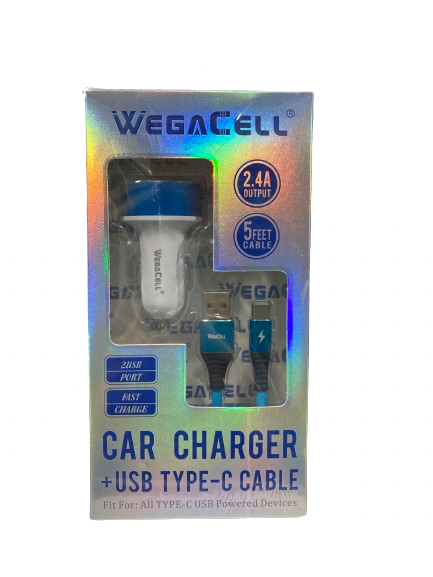 WegaCell - 2USB Port Fast Charge (Car Charger + USB Type-C 5ft Cable) - Electronics (2.4A Output) - MK Distro