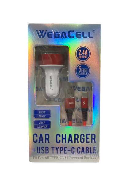 WegaCell - 2USB Port Fast Charge (Car Charger + USB Type-C 5ft Cable) - Electronics (2.4A Output) - MK Distro