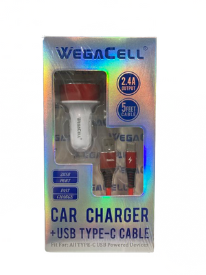 WegaCell - 2USB Port Fast Charge (Car Charger + USB Type-C 5ft Cable) - Electronics (2.4A Output) - MK Distro