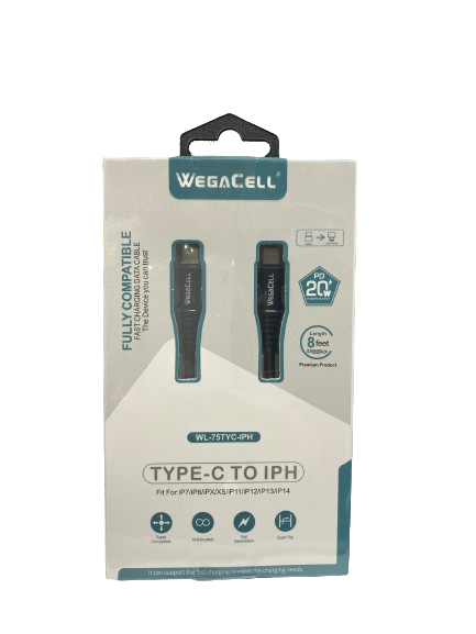 WegaCell - Fast Charge 8ft Data Cable (Type-C to IPH) - Electronics (20W Power Output) - MK Distro