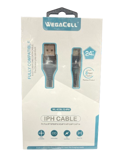 WegaCell - Fast Charge 8ft Data Cable (IPH Cable) - Electronics (2.4A Power Output) - MK Distro