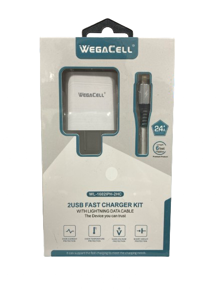 WegaCell - 2USB Fast Charger Kit (2USB Home Charger + 6ft Lightning Cable) - Electronics (2.4A Output) - MK Distro