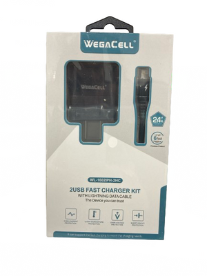 WegaCell - 2USB Fast Charger Kit (2USB Home Charger + 6ft Lightning Cable) - Electronics (2.4A Output) - MK Distro