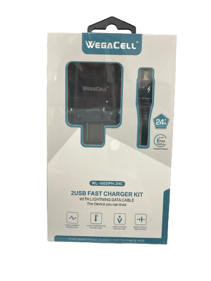 WegaCell - 2USB Fast Charger Kit (2USB Home Charger + 6ft Lightning Cable) - Electronics (2.4A Output) - MK Distro