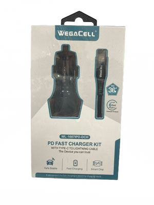 WegaCell - PD Fast Charger Kit (PD Car Charger + Type-C to 6ft Lightning Cable) - Electronics (36W Output) - MK Distro