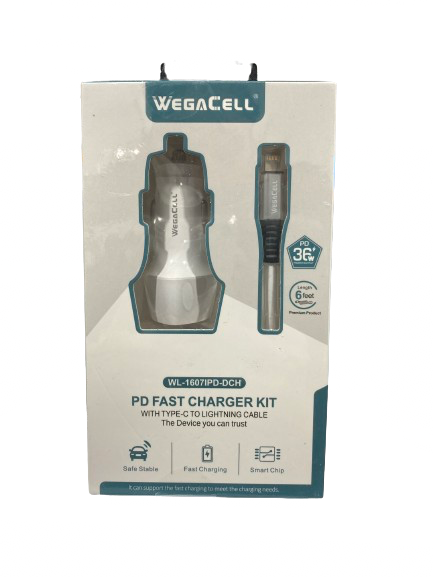 WegaCell - PD Fast Charger Kit (PD Car Charger + Type-C to 6ft Lightning Cable) - Electronics (36W Output) - MK Distro