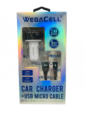 WegaCell - 2USB Port Fast Charge (Car Charger + 5ft USB Micro Cable) - Electronics (2.4A Output) - MK Distro
