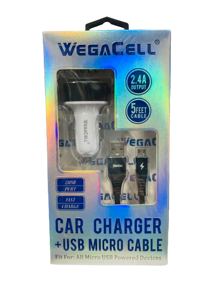 WegaCell - 2USB Port Fast Charge (Car Charger + 5ft USB Micro Cable) - Electronics (2.4A Output) - MK Distro