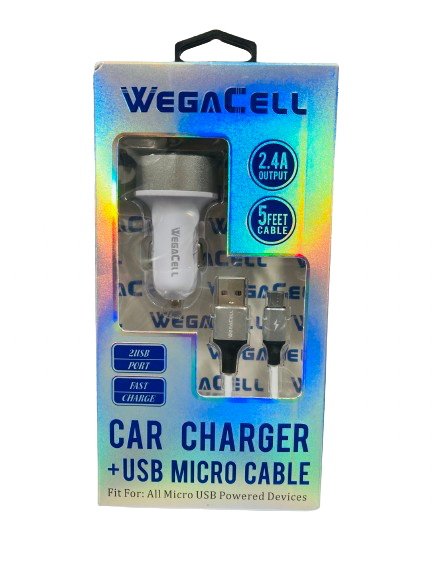 WegaCell - 2USB Port Fast Charge (Car Charger + 5ft USB Micro Cable) - Electronics (2.4A Output) - MK Distro