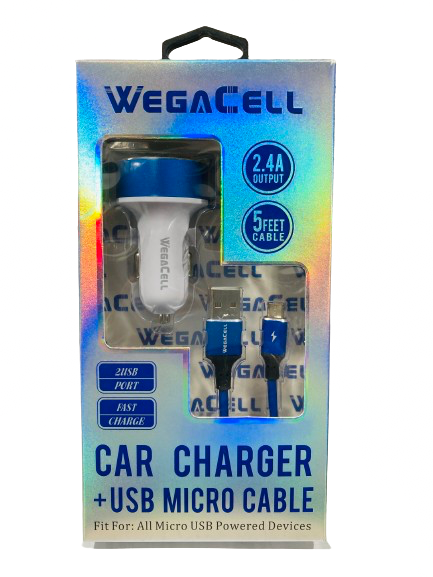 WegaCell - 2USB Port Fast Charge (Car Charger + 5ft USB Micro Cable) - Electronics (2.4A Output) - MK Distro