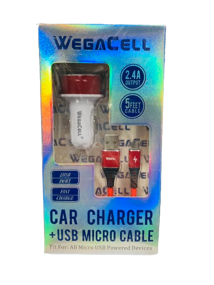 WegaCell - 2USB Port Fast Charge (Car Charger + 5ft USB Micro Cable) - Electronics (2.4A Output) - MK Distro