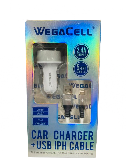 WegaCell - 2USB Port Fast Charge (Car Charger + 5ft USB IPH Cable) - Electronics (2.4A Output) - MK Distro