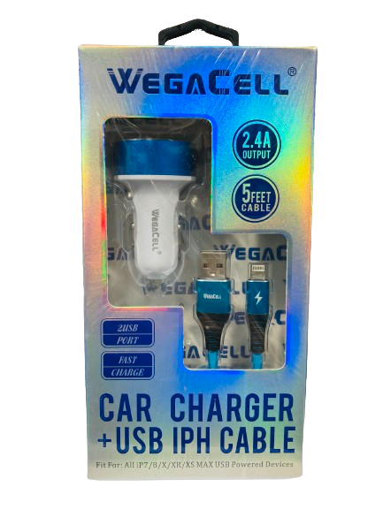 WegaCell - 2USB Port Fast Charge (Car Charger + 5ft USB IPH Cable) - Electronics (2.4A Output) - MK Distro