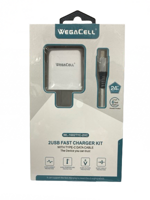 WegaCell - 2USB Fast Charger Kit (Home Charger + 6ft Type-C Data Cable) - Electronics (2.4A Output) - MK Distro