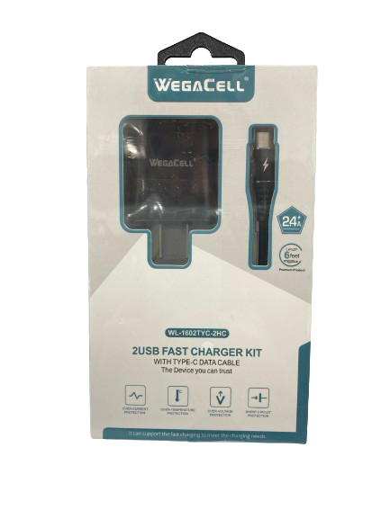 WegaCell - 2USB Fast Charger Kit (Home Charger + 6ft Type-C Data Cable) - Electronics (2.4A Output) - MK Distro