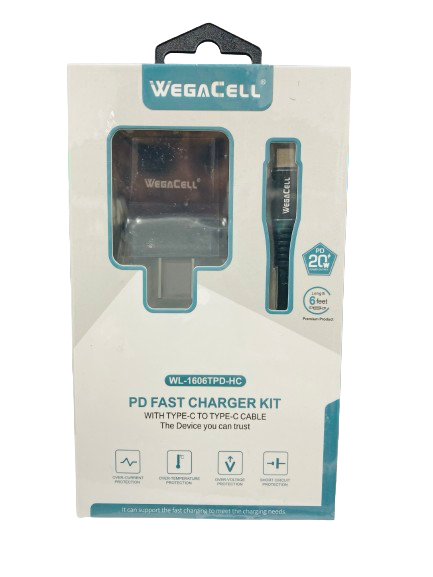WegaCell - PD Fast Charger Kit (PD Home Charger + 6ft Type-C to Type-C Cable) - Electronics (20W Output) - MK Distro