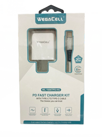 WegaCell - PD Fast Charger Kit (PD Home Charger + 6ft Type-C to Type-C Cable) - Electronics (20W Output) - MK Distro