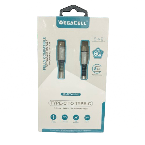 WegaCell - Fast Charging 8ft Data Cable (Type-C to Type-C) - Electronics (60W Output) - MK Distro