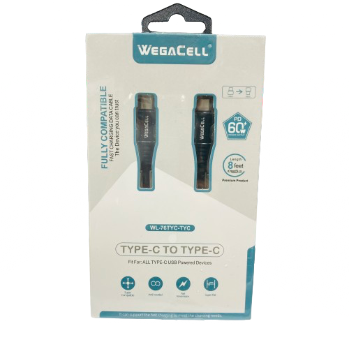 WegaCell - Fast Charging 8ft Data Cable (Type-C to Type-C) - Electronics (60W Output) - MK Distro