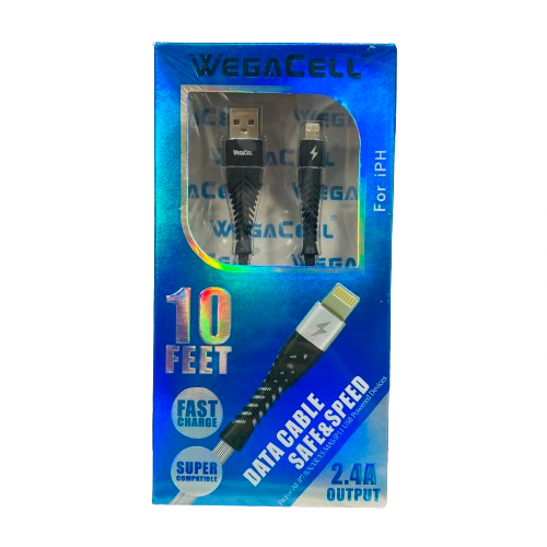 WegaCell - Fast Charge 10ft Data Cable (USB to IPH) - Electronics (2.4A Output) - MK Distro