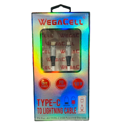WegaCell - PD Charger 6ft Data Cable (Type-C to IPH Lightning Cable) - Electronics (18W Output) - MK Distro