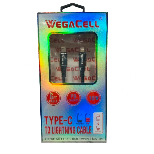WegaCell - PD Charger 6ft Data Cable (Type-C to IPH Lightning Cable) - Electronics (18W Output) - MK Distro