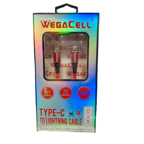 WegaCell - PD Charger 6ft Data Cable (Type-C to IPH Lightning Cable) - Electronics (18W Output) - MK Distro