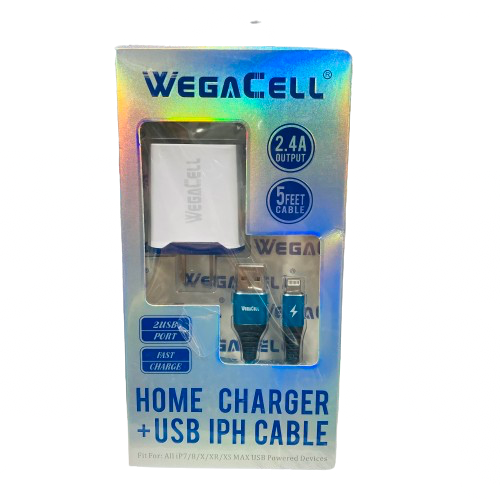 WegaCell - 2USB Port Fast Charge (Home Charger + 5ft USB IPH Cable) - Electronics (2.4A Output) - MK Distro