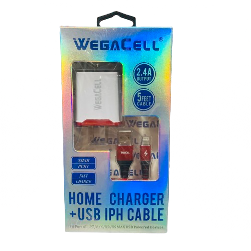 WegaCell - 2USB Port Fast Charge (Home Charger + 5ft USB IPH Cable) - Electronics (2.4A Output) - MK Distro