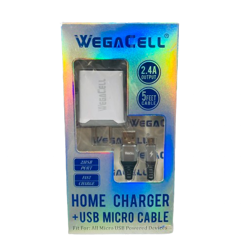 WegaCell - 2USB Port Fast Charge (Home Charger + 5ft USB Micro Cable) - Electronics (2.4A Output) - MK Distro