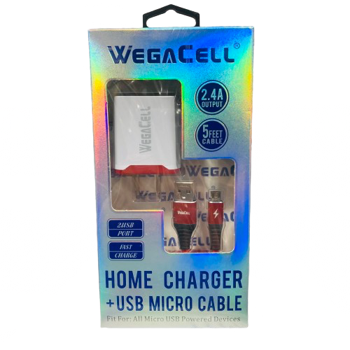WegaCell - 2USB Port Fast Charge (Home Charger + 5ft USB Micro Cable) - Electronics (2.4A Output) - MK Distro