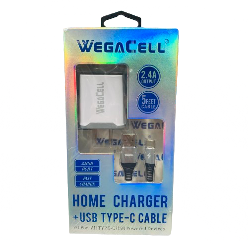 WegaCell - 2USB Port Fast Charge (Home Charger + 5ft USB Type-C Cable) - Electronics (2.4A Output) - MK Distro