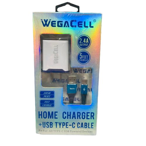WegaCell - 2USB Port Fast Charge (Home Charger + 5ft USB Type-C Cable) - Electronics (2.4A Output) - MK Distro