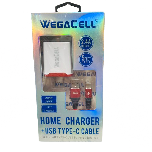 WegaCell - 2USB Port Fast Charge (Home Charger + 5ft USB Type-C Cable) - Electronics (2.4A Output) - MK Distro