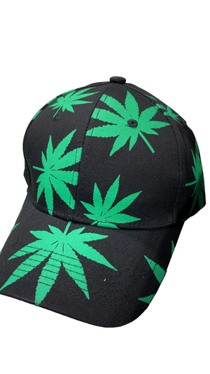 Adjustable Baseball Hat - Marijuana Leaf All Around (Black/Green) - MK Distro