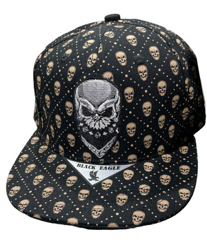 Adjustable Baseball Hat - Brown Skull Printed with Silver Skull Patch (Solid Black) - MK Distro