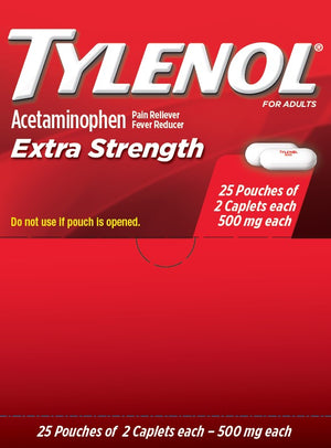 Tylenol - Acetaminophen Extra Strength 500mg - Medicine & First Aid (25 Pouches x 2 Caplets) - MK Distro