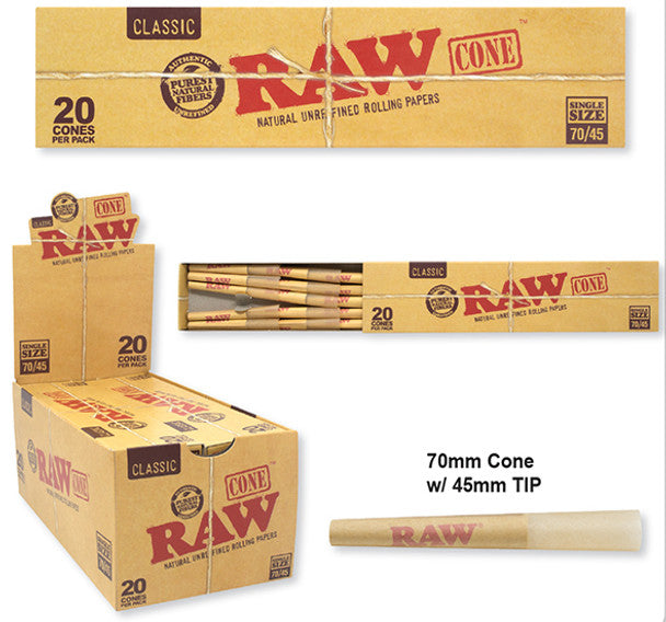 RAW - Classic Pre Rolled Cone - 70mm/45mm Single Size 20 Pack - Box of 12