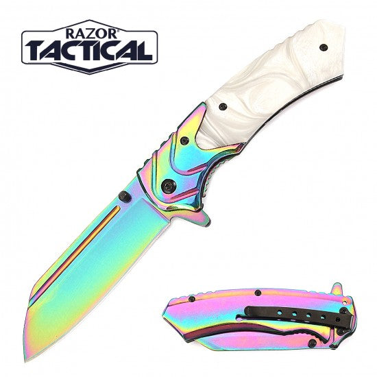 Rainbow Blade Spring Assist knife W/ White Pearl Handle (120/12/12*9*16/45) -RT-7116PE - MK Distro