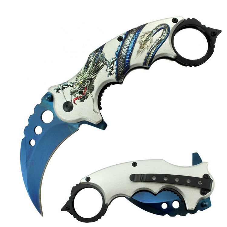 RT-7106 7" Overall Spring Assisted Karambit Knife Blue (60/12/17*11*7/22) - MK Distro