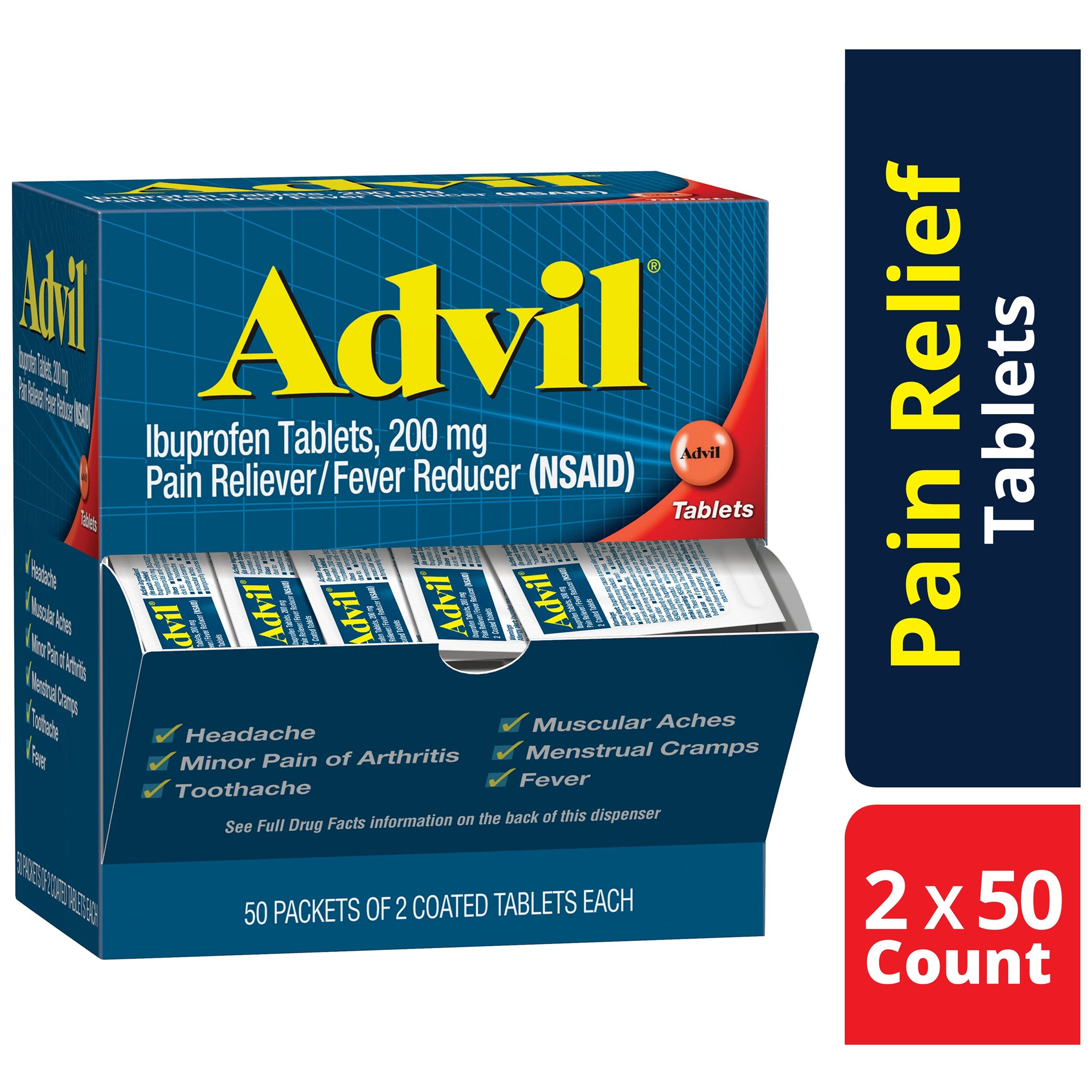 Advil Ibuprofen Tablets 200mg (50 packets of 2 coated tablets each) - MK Distro