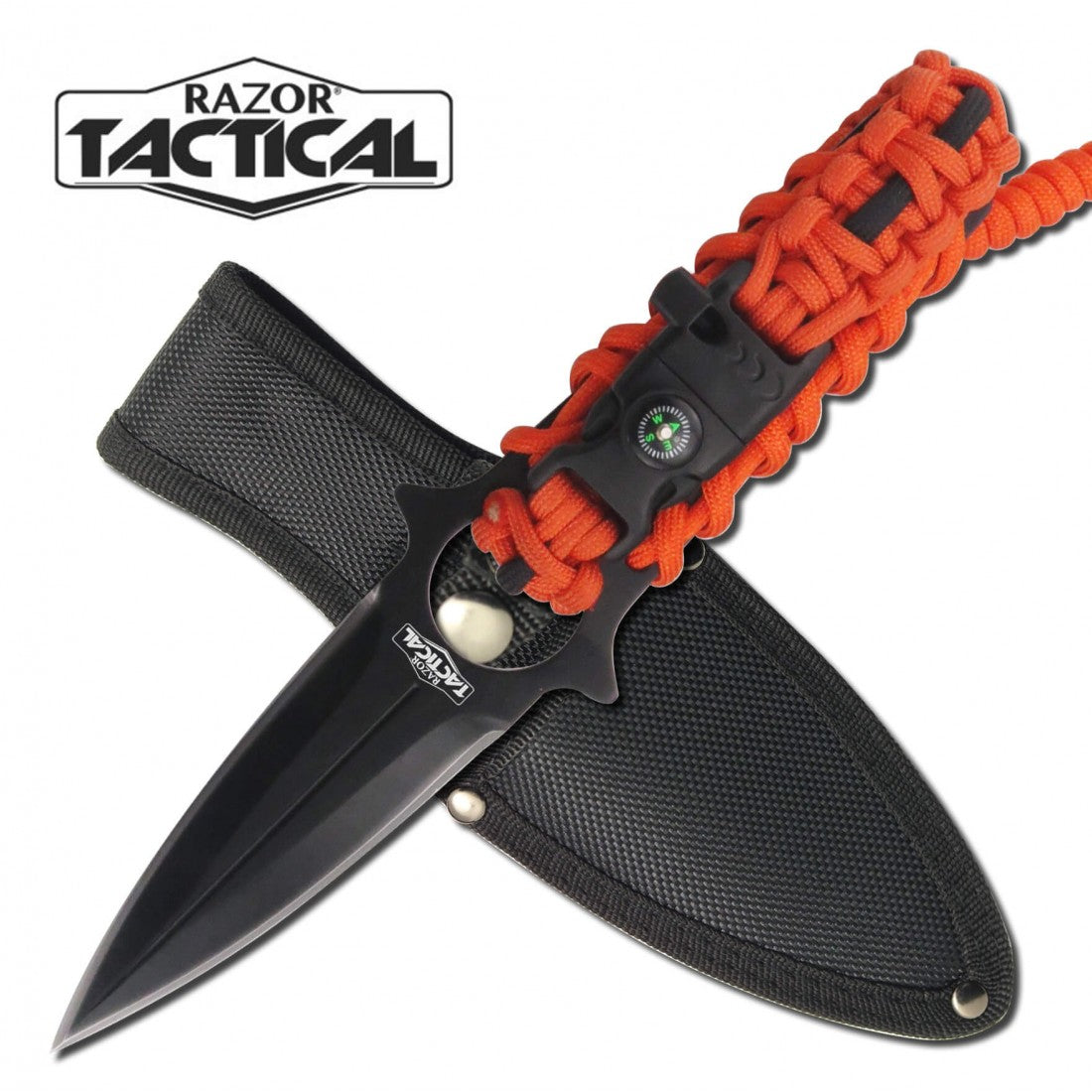 RT-9033OR 8.5" SURVIVAL KNIFE WITH PARACORD, COMPASS AND WHISTLE - MK Distro